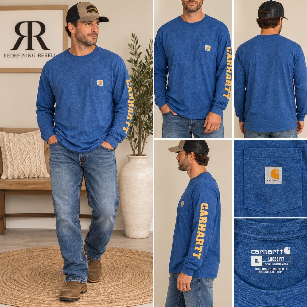 Carhartt Mens XL Loose Fit Long Sleeve Graphic Pocket T-Shirt Blue TK5495-M